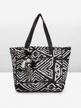 PRIMROSE Black and White Geometric Patterned Tote Bag with Tassels